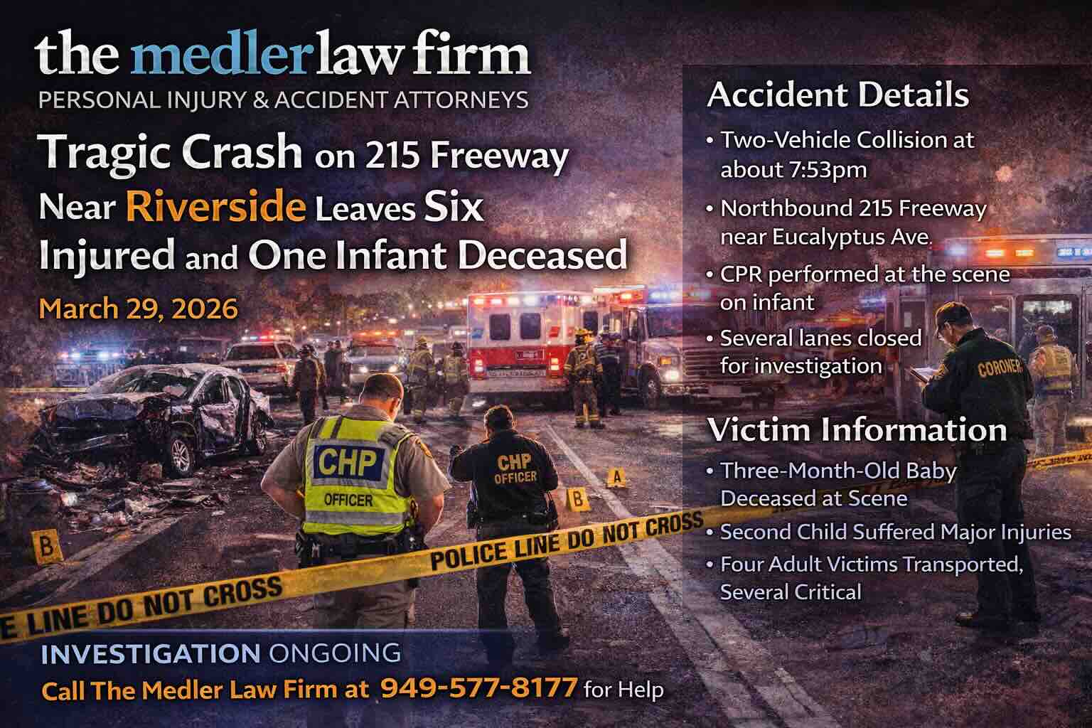 Tragic Crash on 215 Freeway Near Riverside Leaves Six Injured and One Infant Deceased