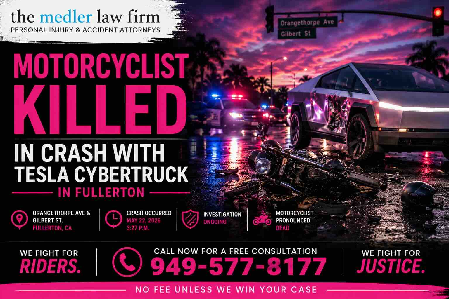 Motorcyclist Killed in Crash With Tesla Cybertruck in Fullerton