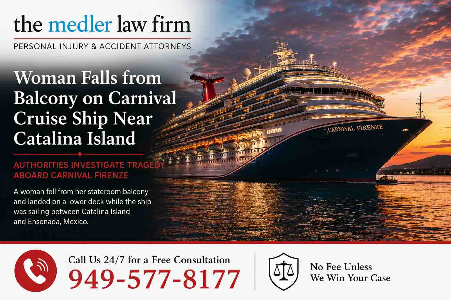 Woman Falls from Balcony on Carnival Cruise Ship Near Catalina Island