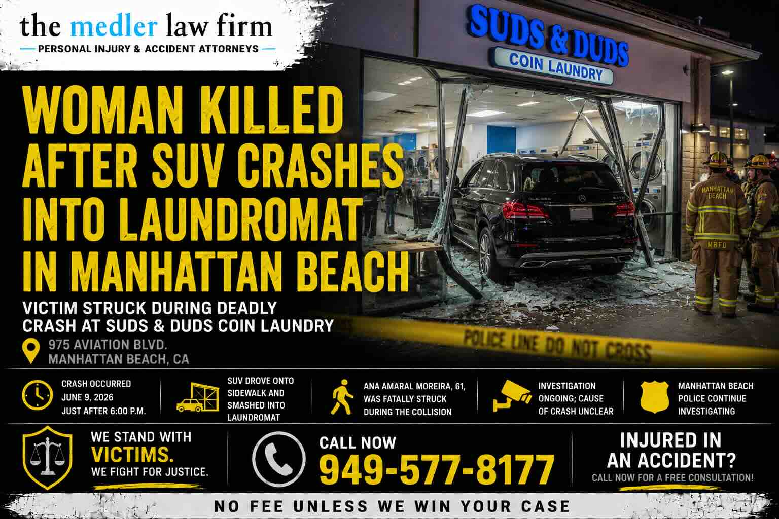 Woman Killed After SUV Crashes into Laundromat in Manhattan Beach