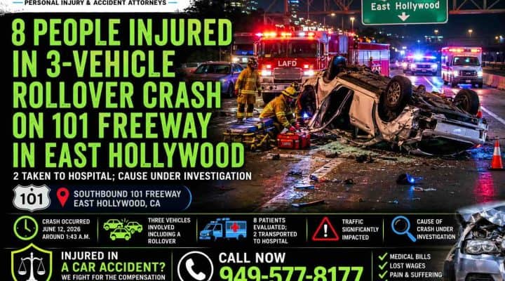 8 People Injured in 3-Vehicle Rollover Crash on 101 Freeway in East Hollywood