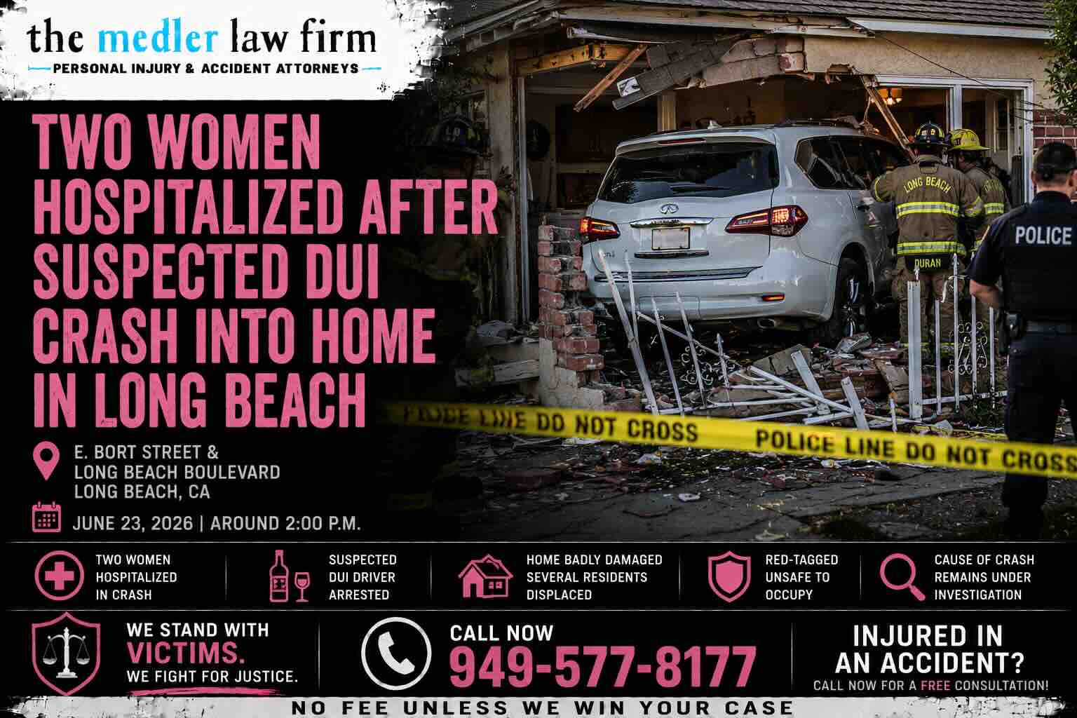 Two Women Hospitlized After Suspected DUI Crash into Home in Long Beach