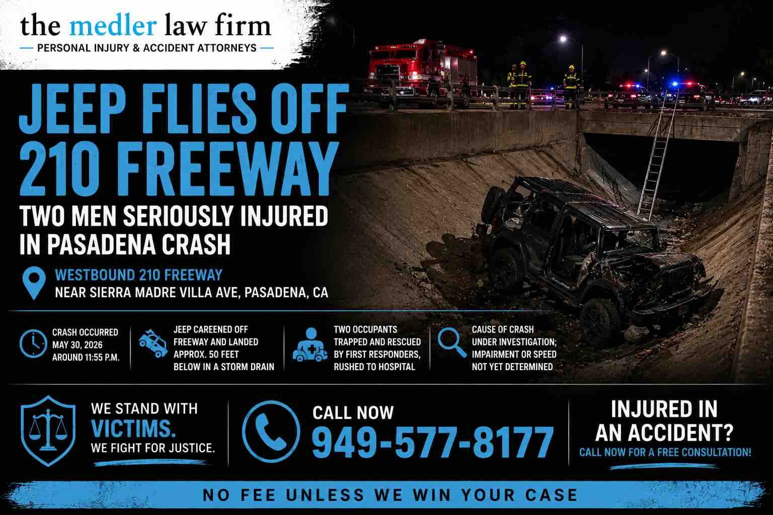 Jeep Flies Off 210 Freeway: Two Men Seriously Injured in Pasadena Crash