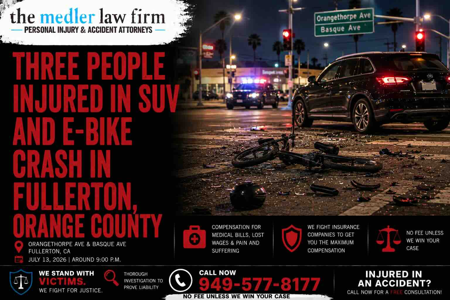 Three People Injured in SUV and E-Bike Crash in Fullerton