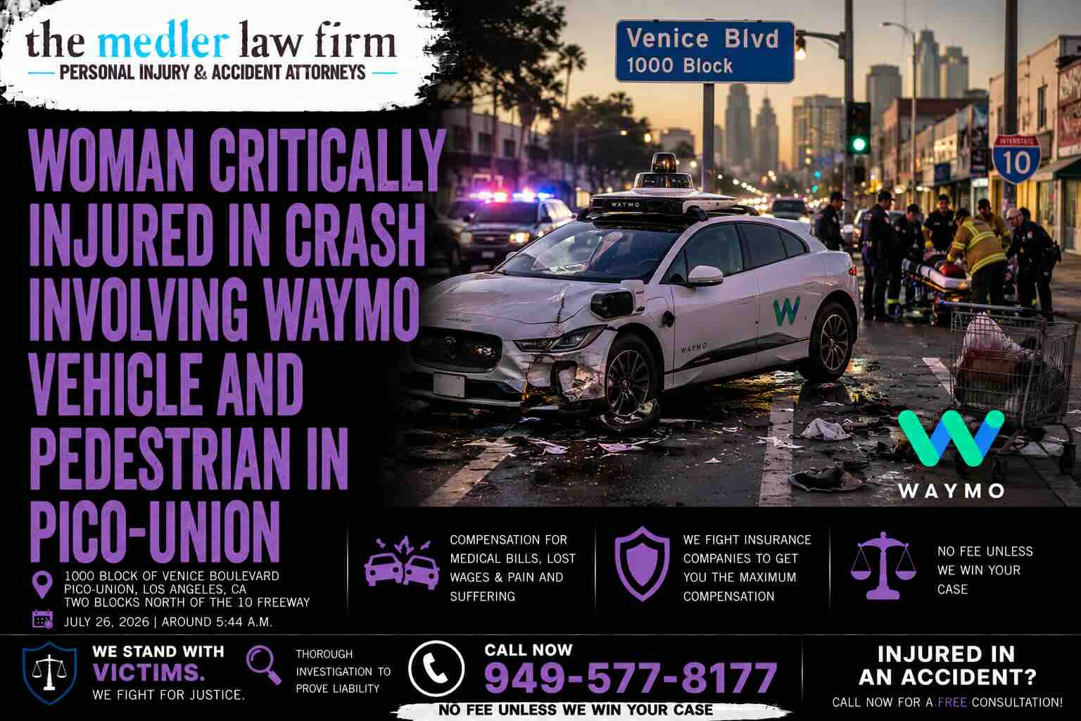 Woman Critically Injured in Crash Involving Waymo Vehicle and Pedestrian in Pico-Union