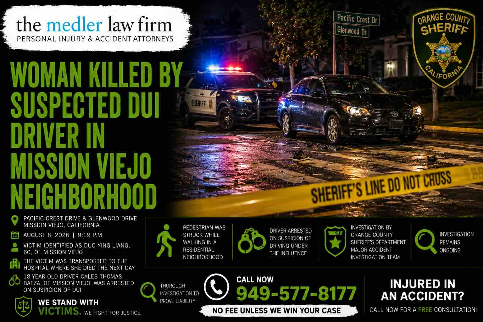 Woman Killed by Suspected DUI Driver in Mission Viejo Neighborhood