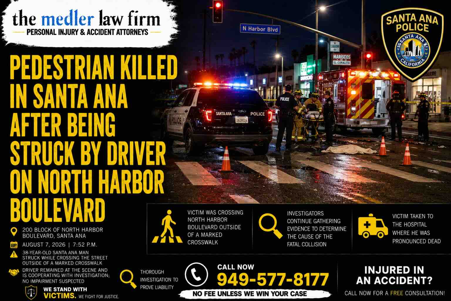 Pedestrian Killed in Santa Ana After Being Struck By Driver on North Harbor Boulevard