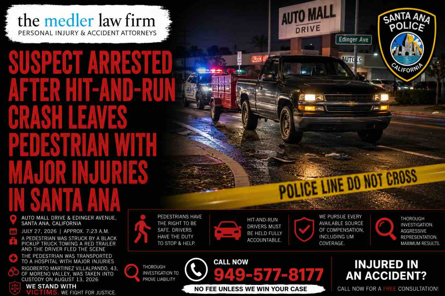 Suspect Arrested After Hit-and-Run Crash Leaves Pedestrian With Major Injuries in Santa Ana