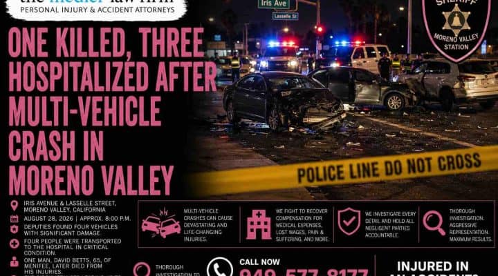 One Killed Three Hospitalized After Multi-Vehicle Crash in Moreno Valley