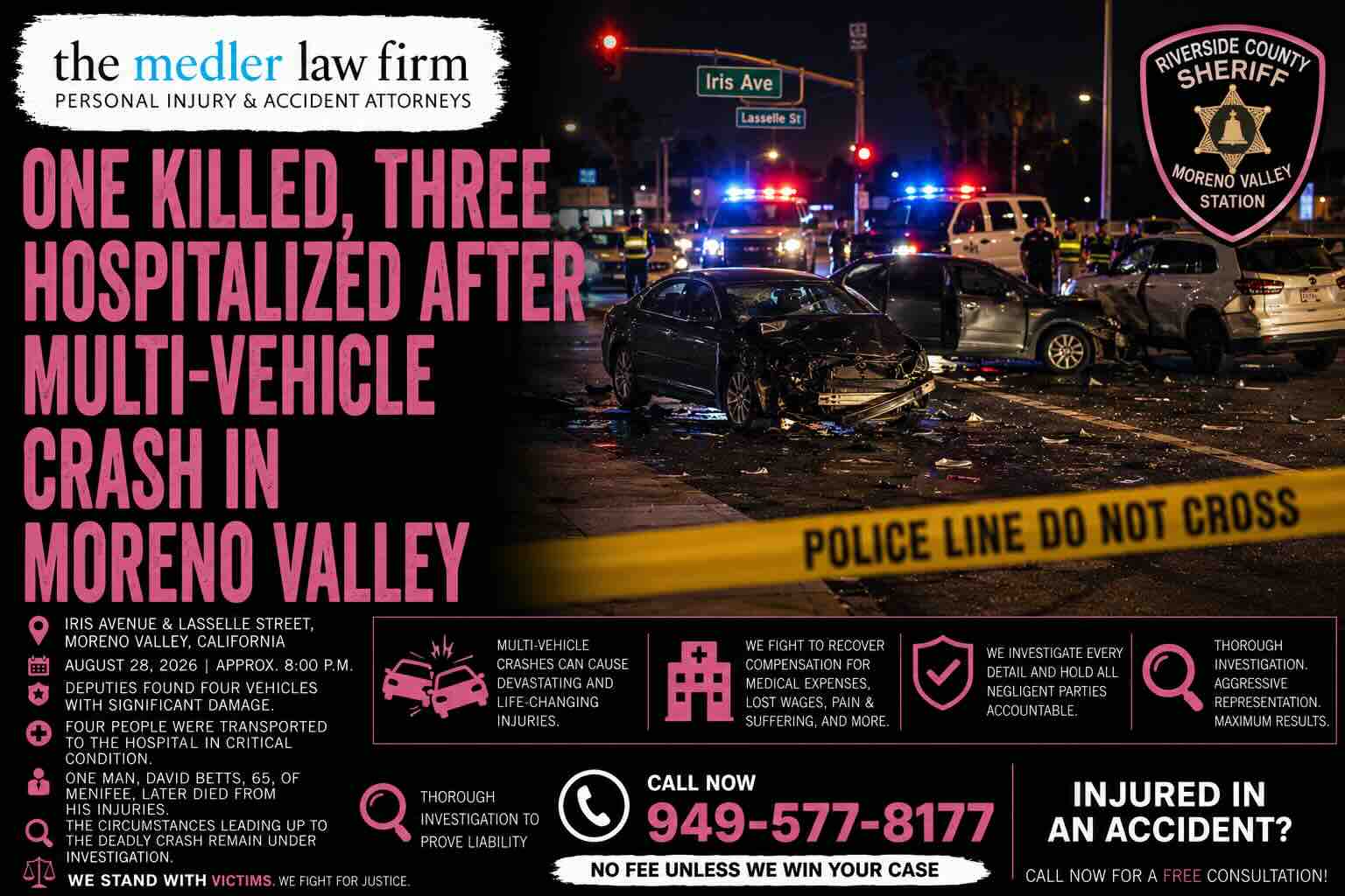 One Killed Three Hospitalized After Multi-Vehicle Crash in Moreno Valley