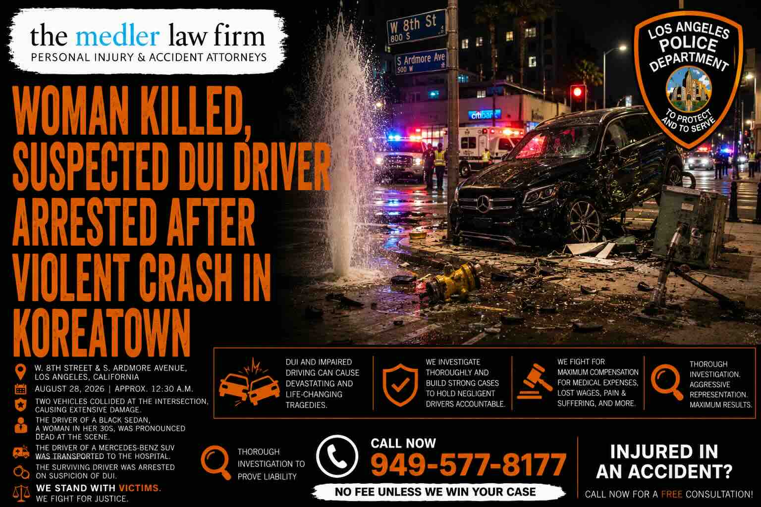 Woman Killed, Suspected DUI Driver Arrested After Violent Crash in Koreatown