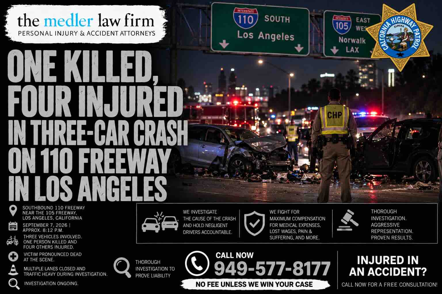 One Killed Four Injured in Three-Car Crash on 110 Freeway in Los Angeles