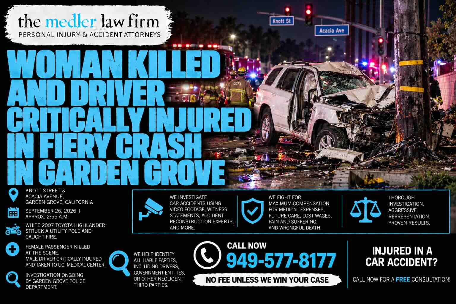 Woman Killed and Driver Critically Injured in Fiery Crash in Garden Grove