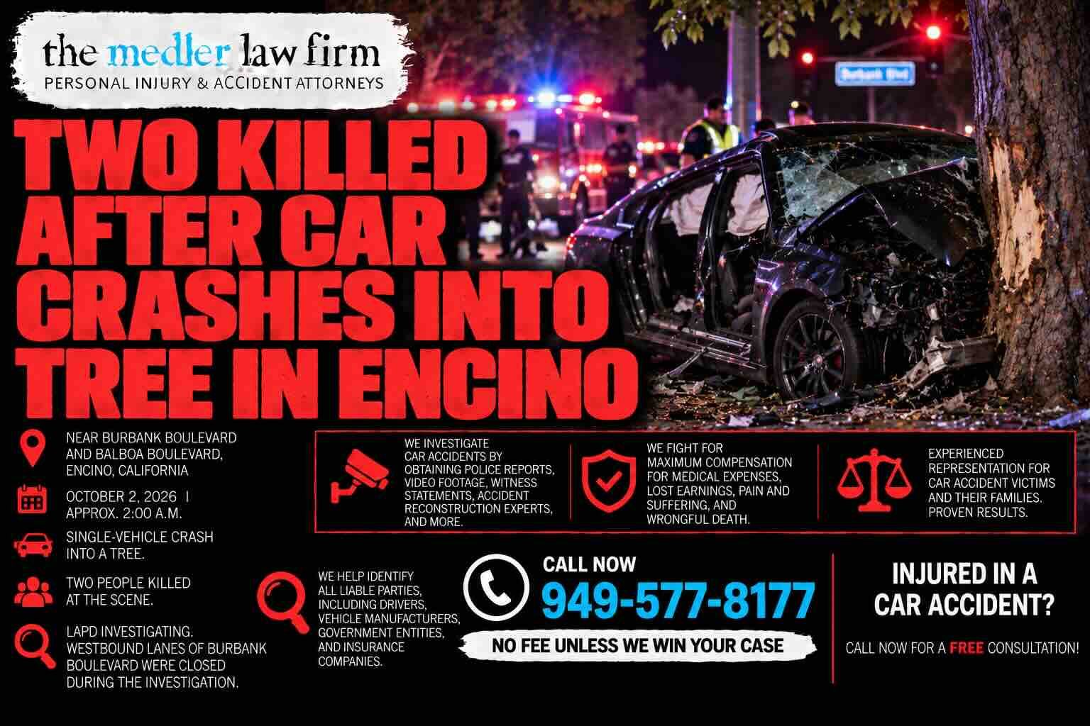 Two Killed After Car Crashes into Tree in Encino